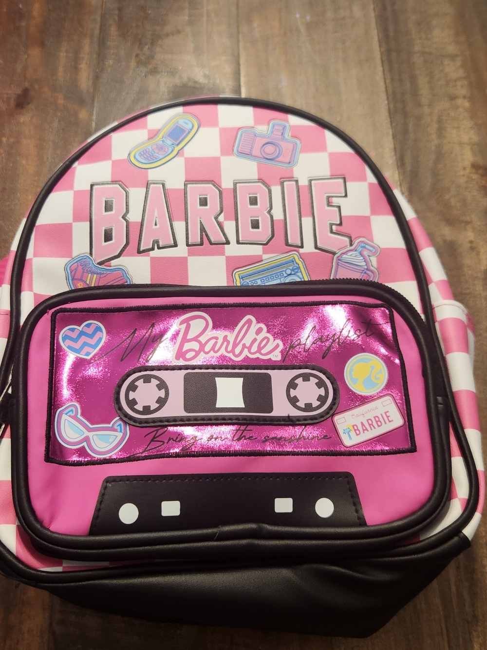 NWT Barbie Pink Checkerboard Backpack with Cassette Pocket